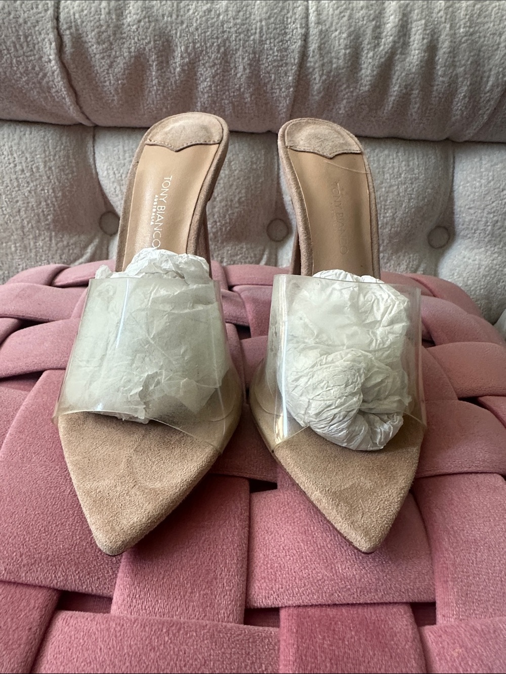 Tony Biiano Blush Suede Pointed Mules with Clear Strap